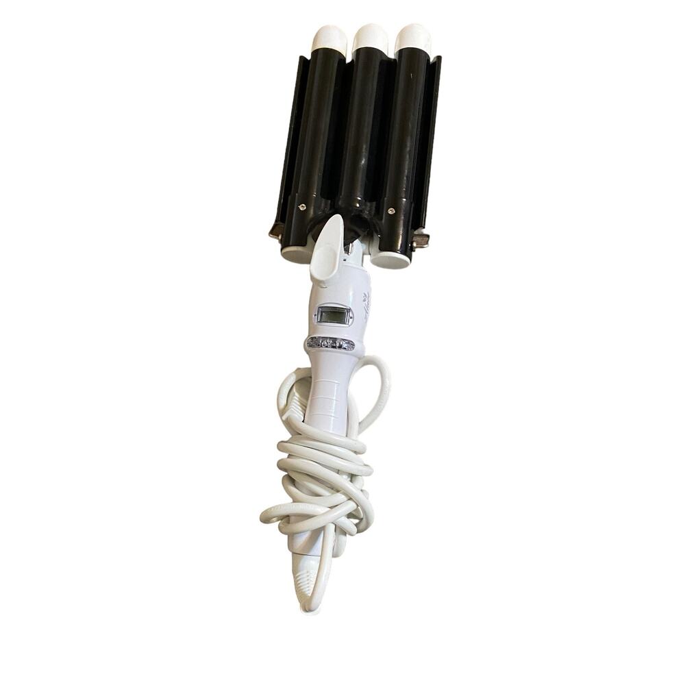 Alure Triple Barrel Ceramic Crimping Waving Wand Digital Curling Iron White